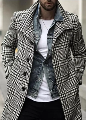 Popular Men Trench Coat Plaid Dressing Male Coldproof Single Breasted Trench Coat