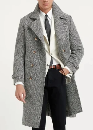 Men's Herringbone Trench Coat Double Breasted Long Overcoat Winter Warm Lapel Collar Business Formal Casual Fashion Outerwear