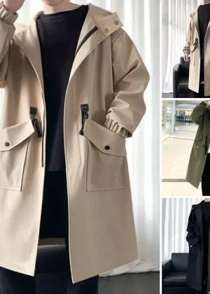 Men Trench Coat Hooded Mid Length Big Pockets Windbreak Coat Long Sleeve Windproof Solid Color Zipper Elastic Cuff Men Coat
