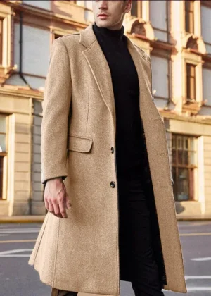 New British Style Men Long Trench Coat Woolen Coat Men's Autum Winter Solid Color Warm