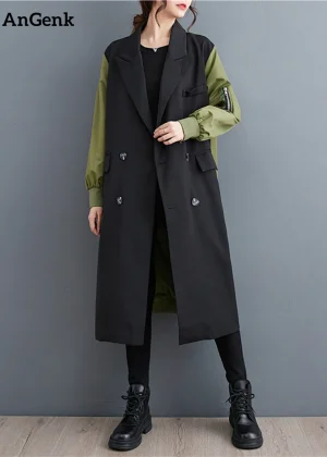 2025 Autumn Winter Oversized Turn-down Collar Trench Coat For Women Casual Loose Vintage Patchwork Fashion Outerwear Cardigan