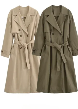 Women Fashion With Belt Solid Double Breasted Trench Vintage Lapel Neck Long Sleeves Female Chic Lady Outfits