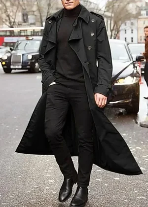 Men's Long Trench Coat Clothing Long Sleeve Loose Autumn Winter Solid Color Button Fashion Coats Trench