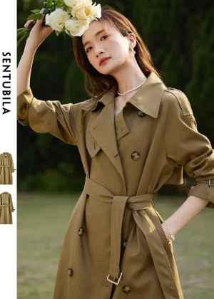 SENTUBILA Women's Belted Trench Coat Elegant Long Windbreaker Jacket Autumn Winter Double Breasted Maillard Outerwear 123F42871