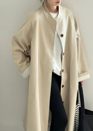 Stand Neck Long Trench Coat Women Spring Casual Turn-down Collar Single-breasted Trench Coat