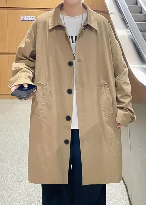 Men Windbreaker Coat Lapel Long Sleeve Buttons Placket Trench Coat With Pockets Solid Color Loose Fit Mid-length Male Outwear