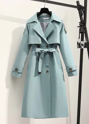 Heliar Women Long Trench Coat Fashion Windproof Coat Double Breasted Trench TRAF Coats Green Belt Windbreaker Winter