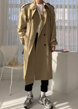 Korean Style Spring Trench Coat Man Streetwear Windbreaker Men Solid Business Casual Loose Sashe Fashion Long Overcoat 남성 트렌치코트