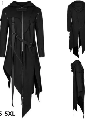 New Men's Punk Style Irregular Trench Coats Black Gothic Long Hooded Jackets Halloween Man Cosplay Costume Large Size S-5XL